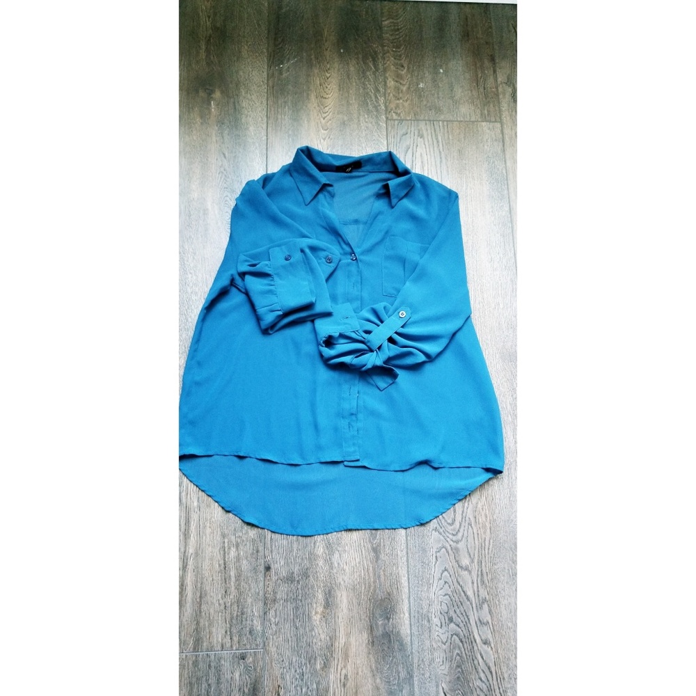 Gorgeous sheer teal high low button up blouse